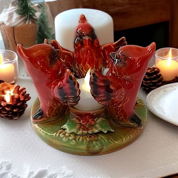 Cardinal Ceramic Candle Holder Trio Circle Tea Light Votive Christmas Winter - Picture 11 of 16